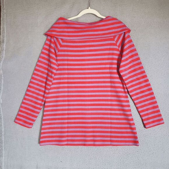 Soft Surroundings Women's Serene Button Collar Stripe Sweater Pink Purple Large - Picture 2 of 6